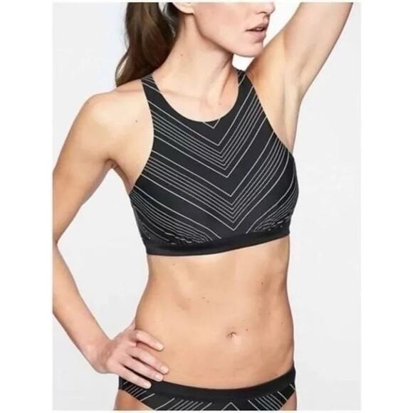 Athleta Bikini Top sz 34D/34DD Black Stripe Bikini Top High Neck Strappy Back - Picture 1 of 11